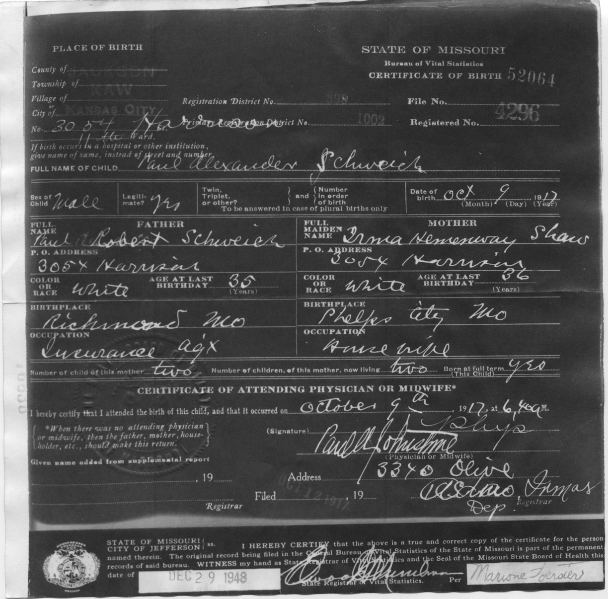 Paul Schweich birth certificate