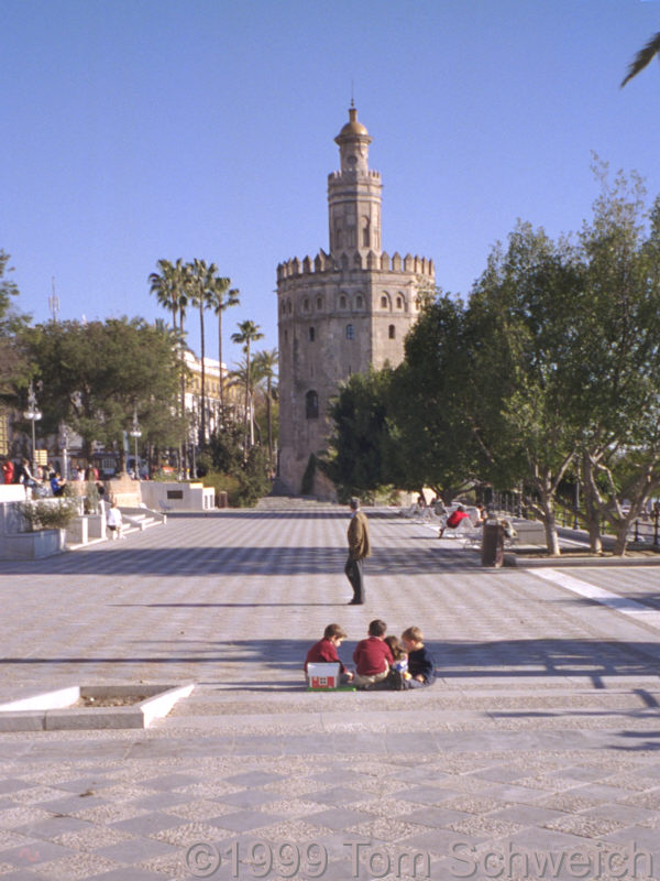 Children paying with a Fisher-Price barn and farm animals near the Torre de Oro.