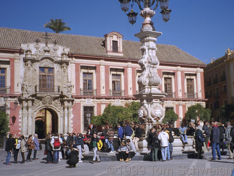 Students in a plaza behind the Cathedral