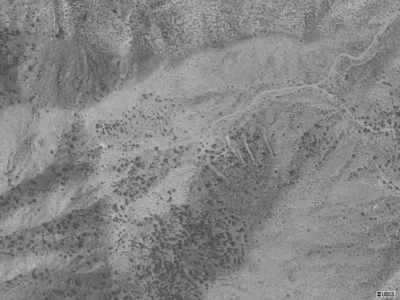 Aerial photograph of prospect trenches at the Silver Buddy Mine.