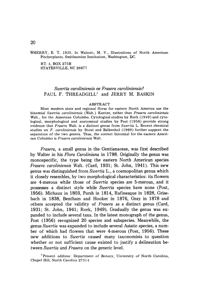 Threadgill and Baskin (1978) paper on Frasera