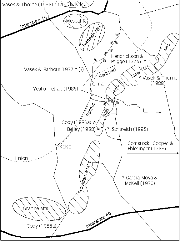 Locations of various authors' field work in the eastern Mojave desert.